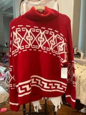 CeCe Fair Isle Turtleneck Sweater | Red & White | Size XL | NWT | Holiday